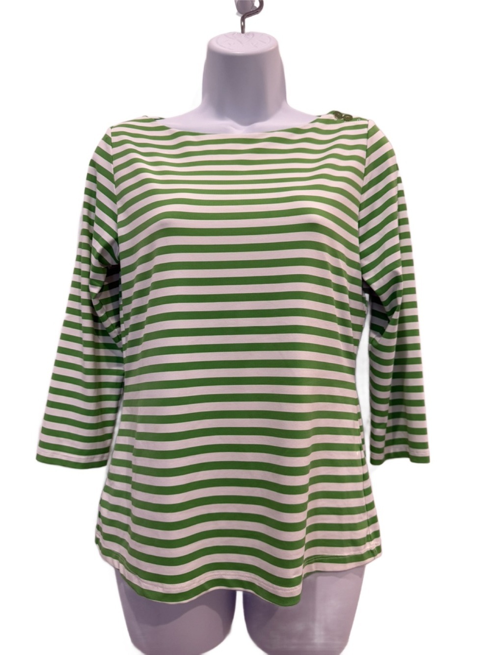 J. McLaughlin Green & White Striped Boatneck Top